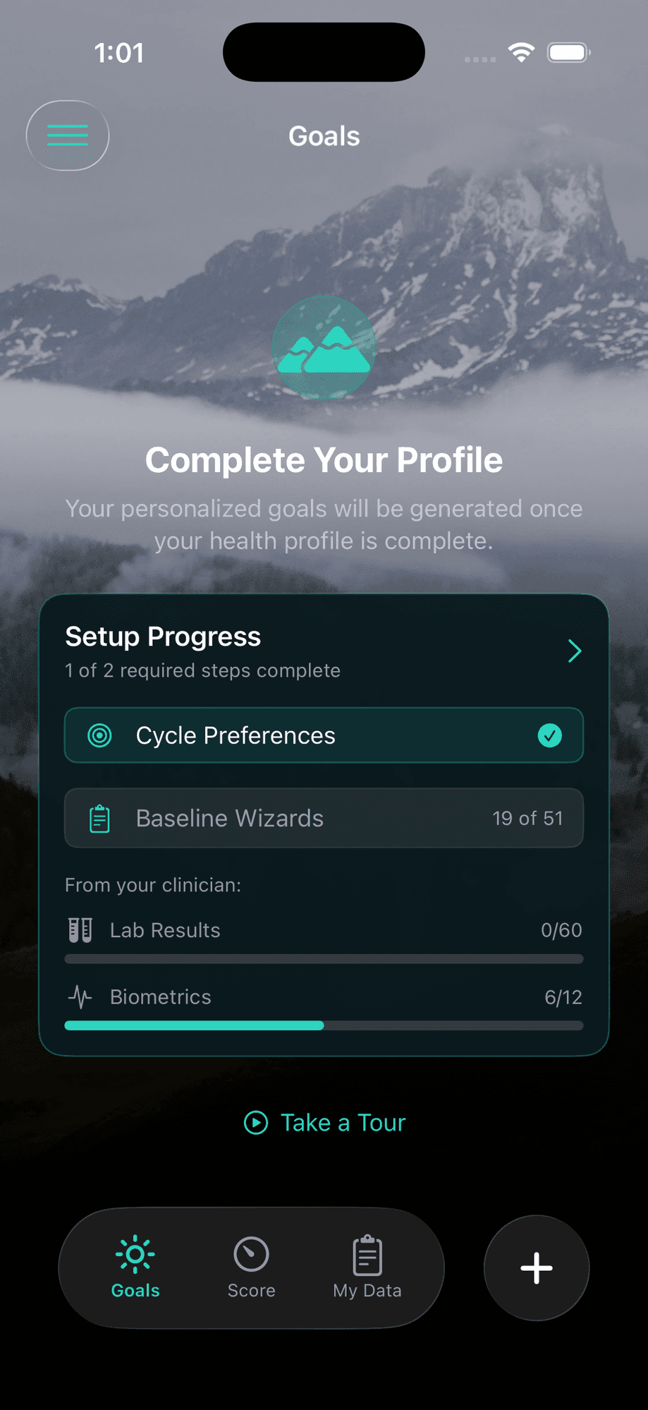 Goals page with setup progress