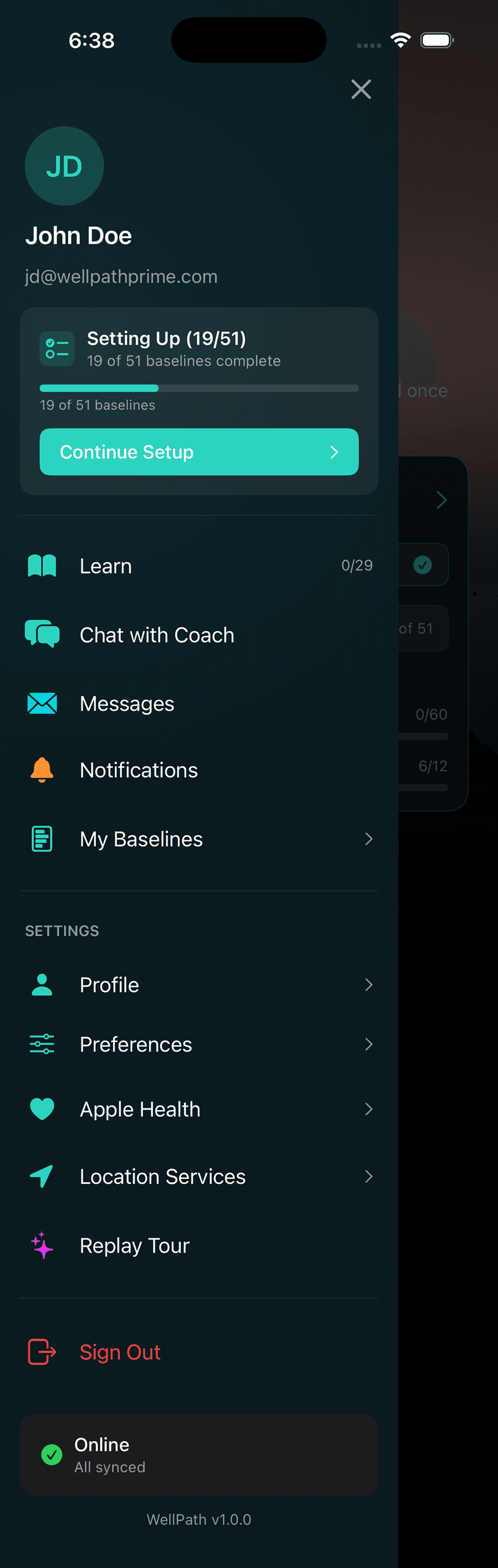 Side menu showing plan access