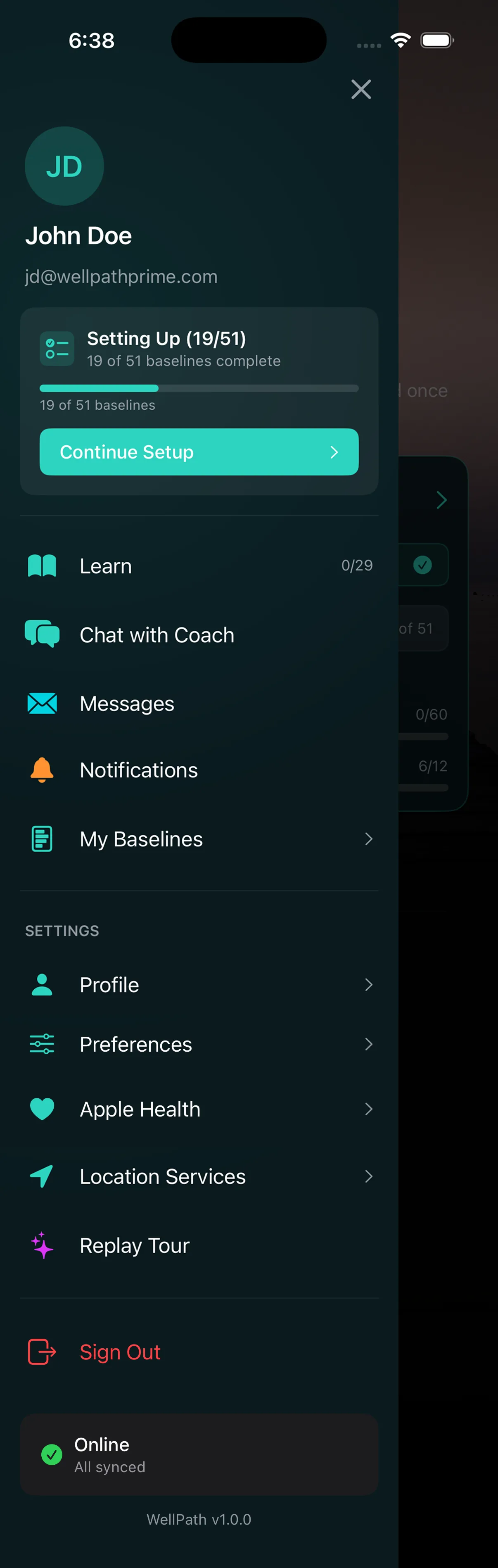 Side menu showing plan access