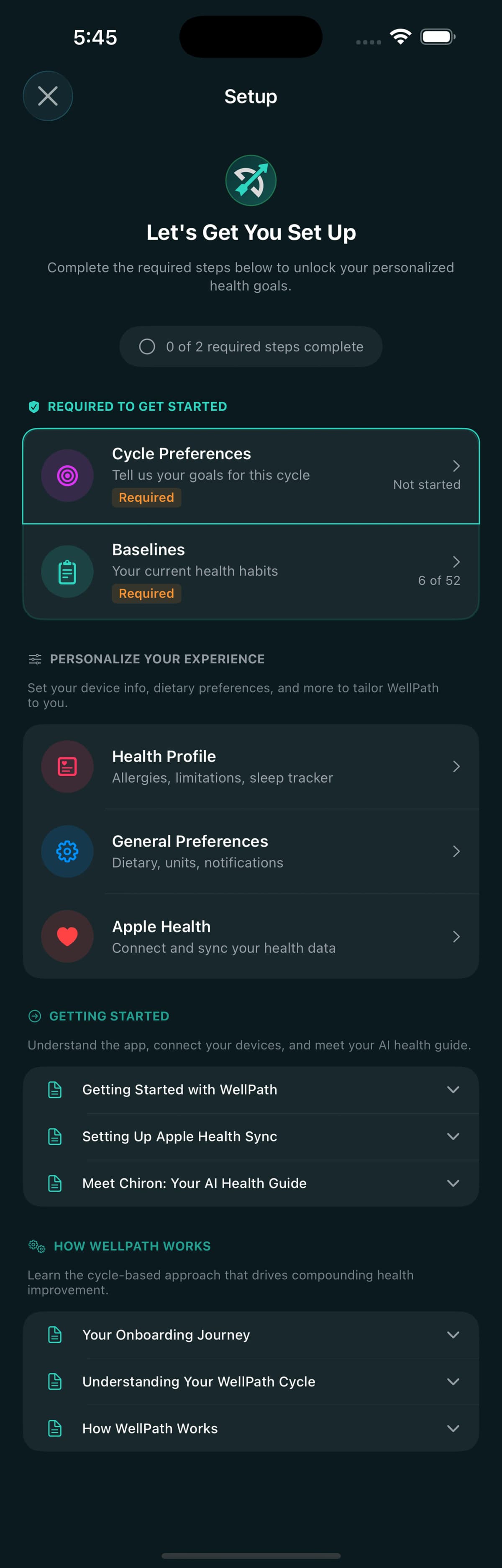 Setup hub with Cycle Preferences