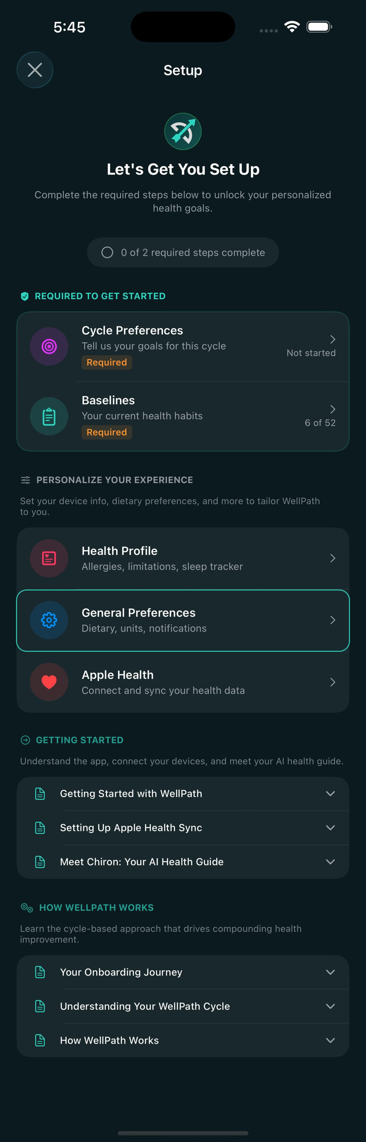 Setup hub with General Preferences