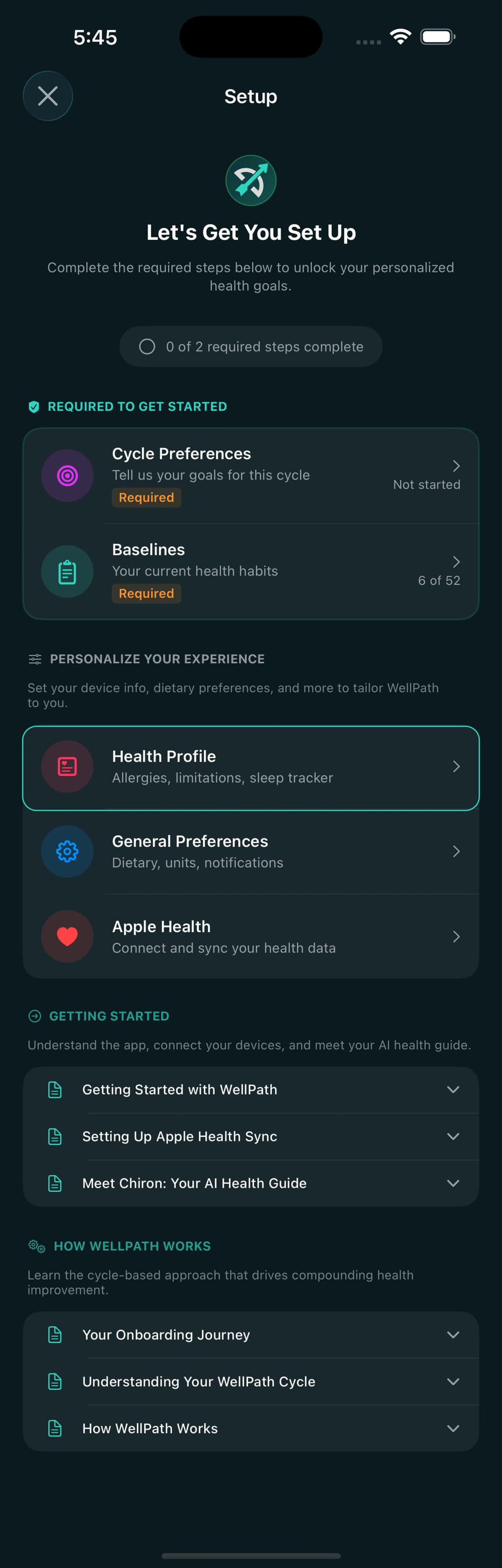 Setup hub with Health Profile