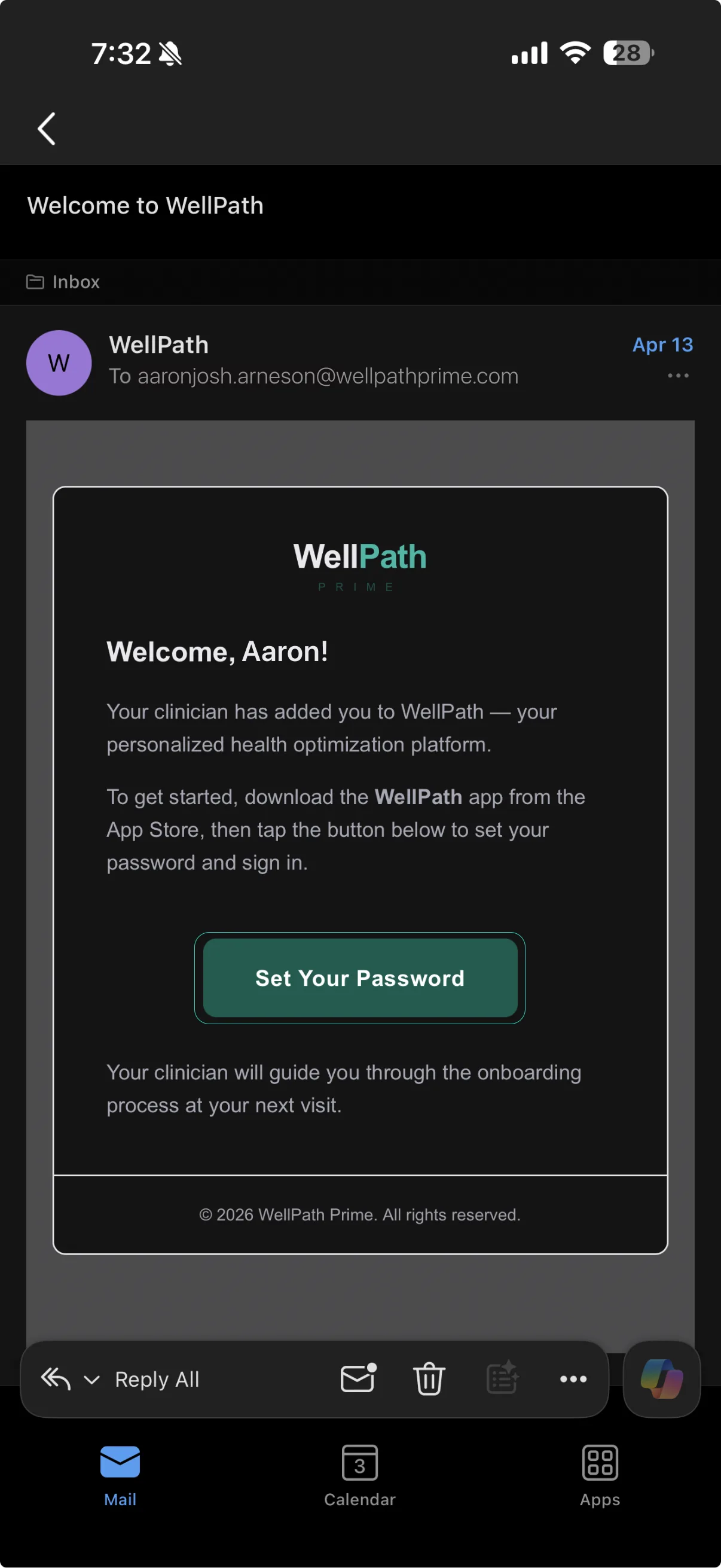 WellPath welcome email with Set Your Password button